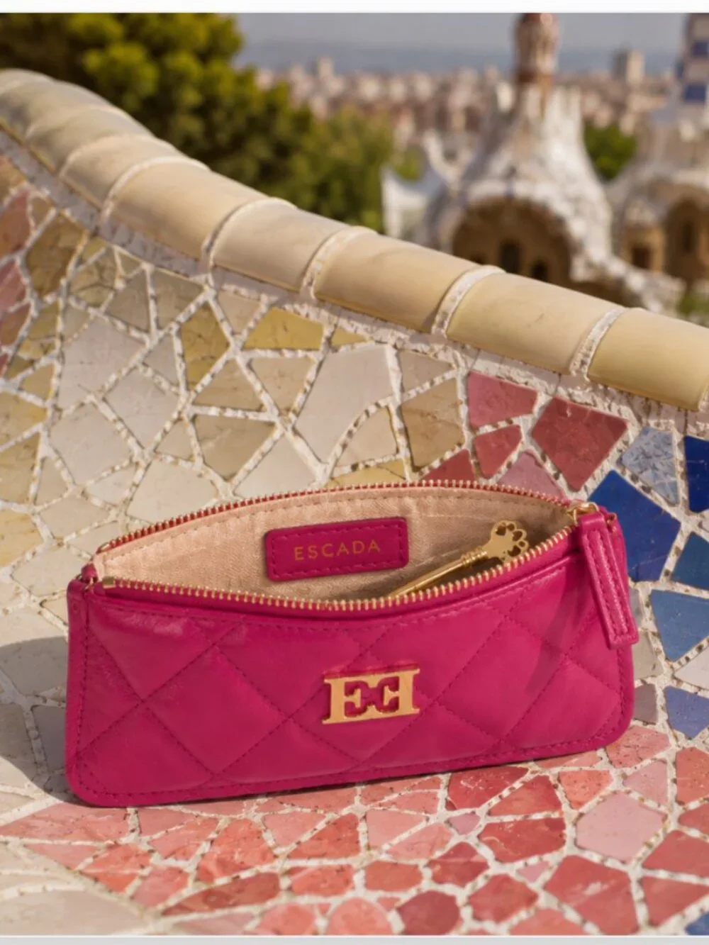 Escada Pink Quilted Leather Key Holder Coin Purse Card Case w/ Dust Bag Rare